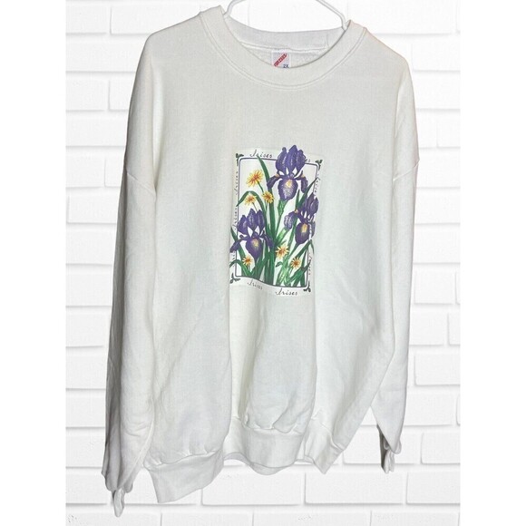 Vintage Jerzees Size 2X Puff Print Irises Flower Crewneck Sweatshirt White - Picture 1 of 10